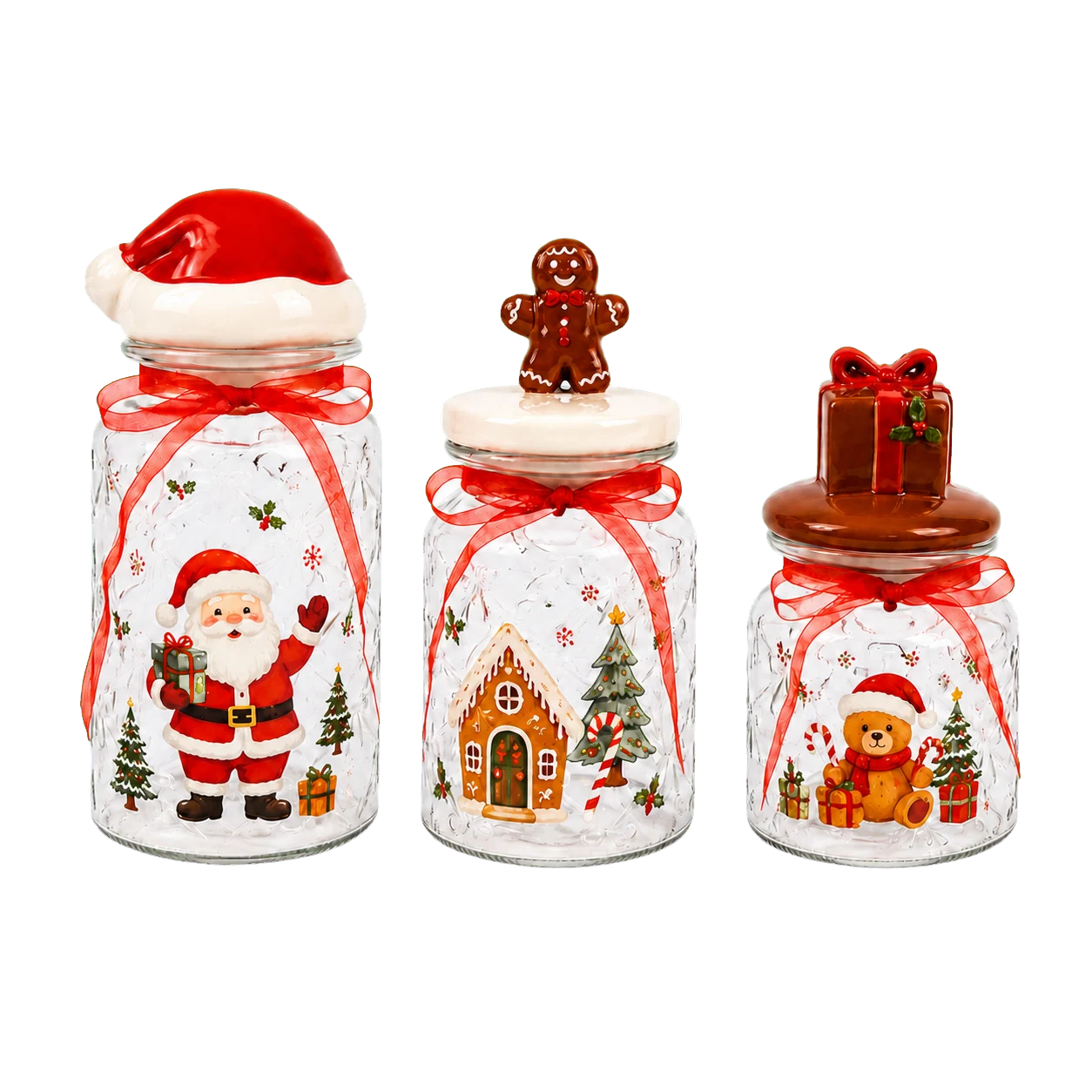 Christmas glass jars with Santa Claus, a gingerbread house and a gift lid
