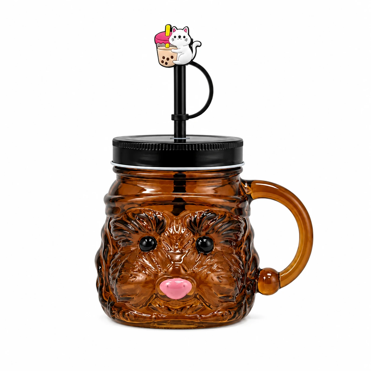 Animal Face Glass Cup with Straw