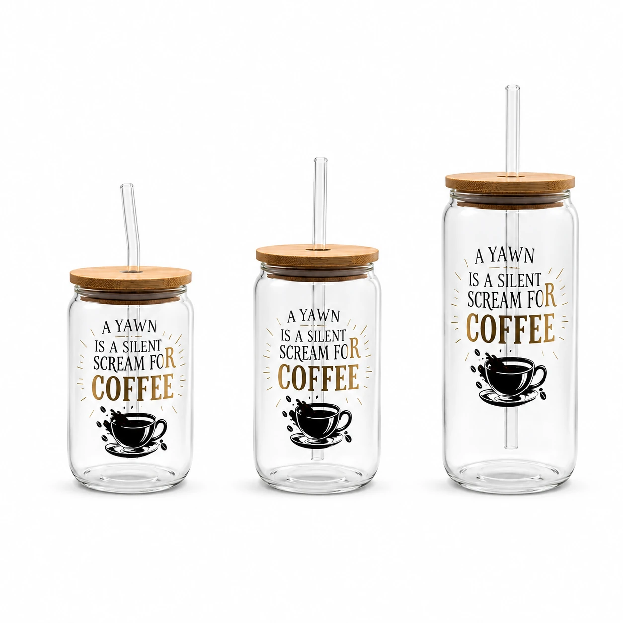 Coffee Print Glass Cup Set with Straw