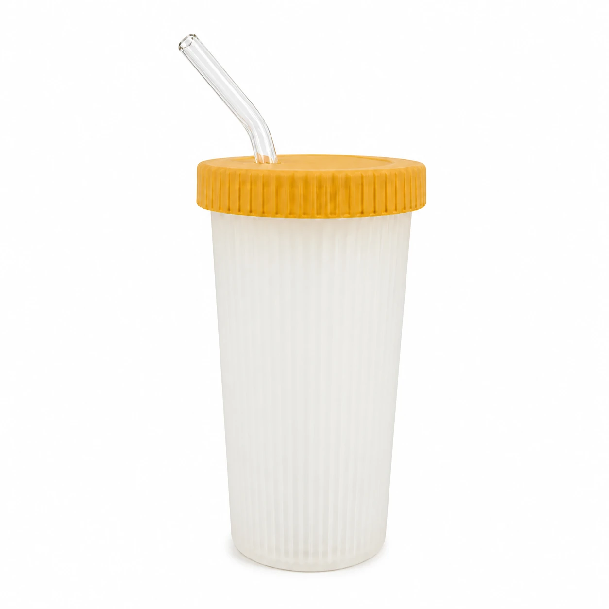 Ribbed Glass Cup with Straw