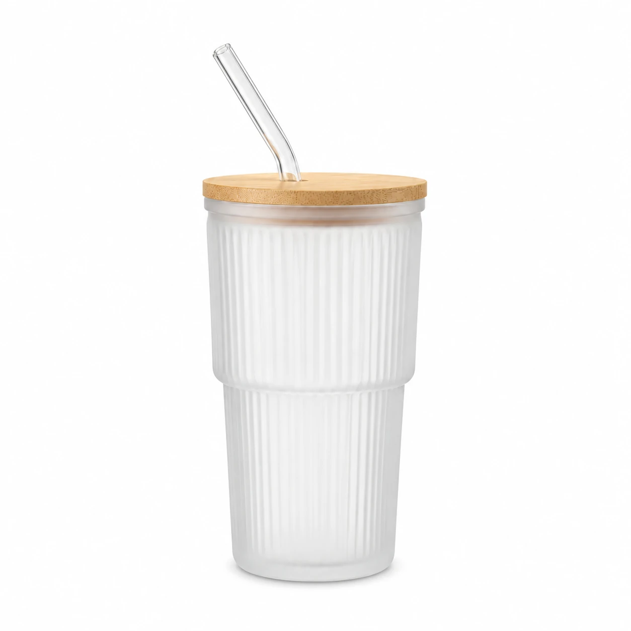 Tall Ribbed Glass Cup with Straw