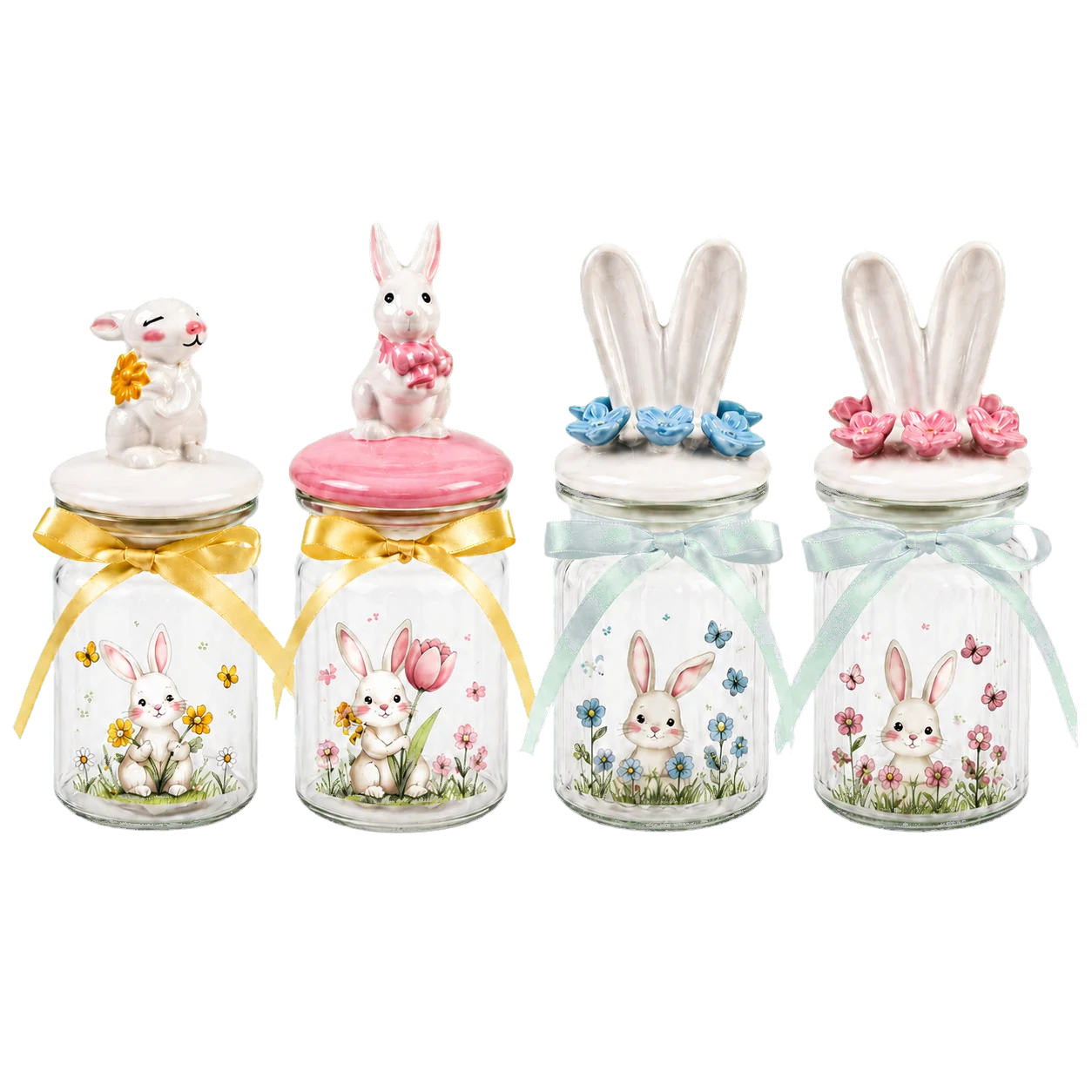 Easter and spring glass jars with rabbits, flowers and pastel ribbons