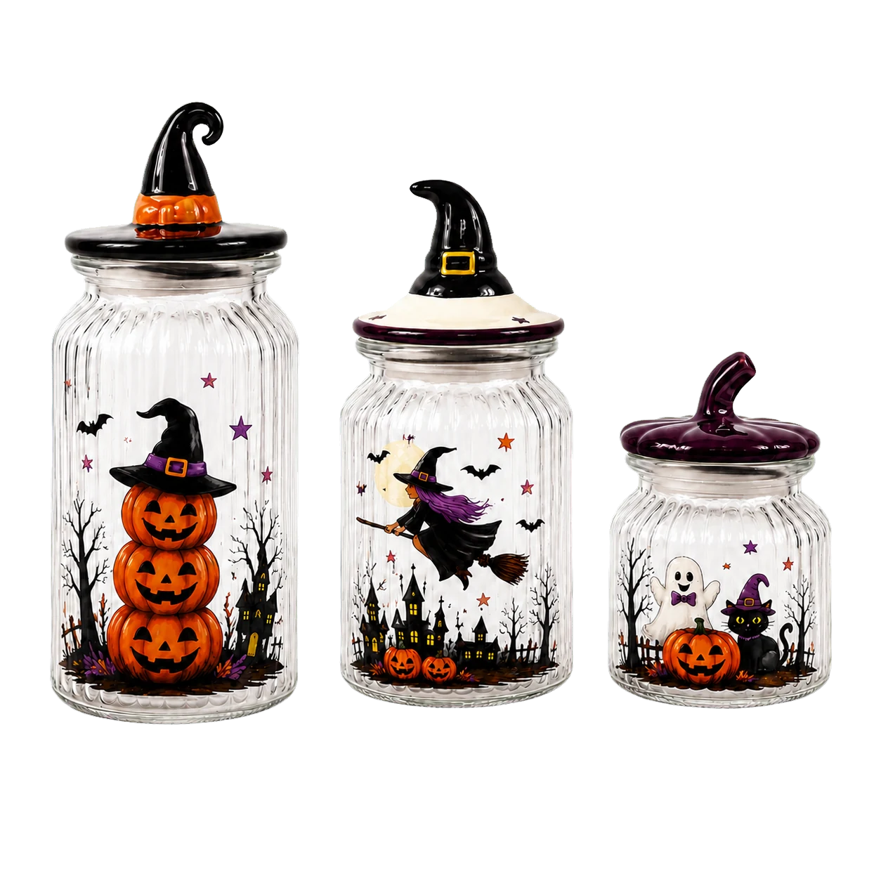 Halloween glass jars with pumpkins, a witch, ghosts and black cats