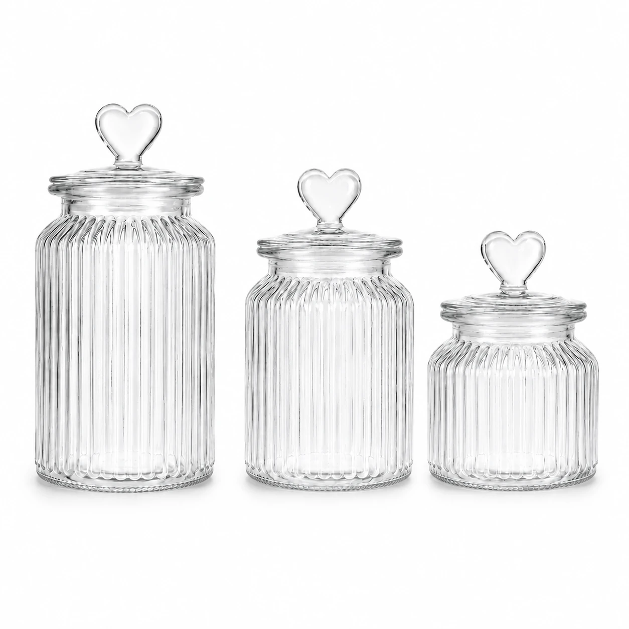 Heart Lid Ribbed Glass Jar Set