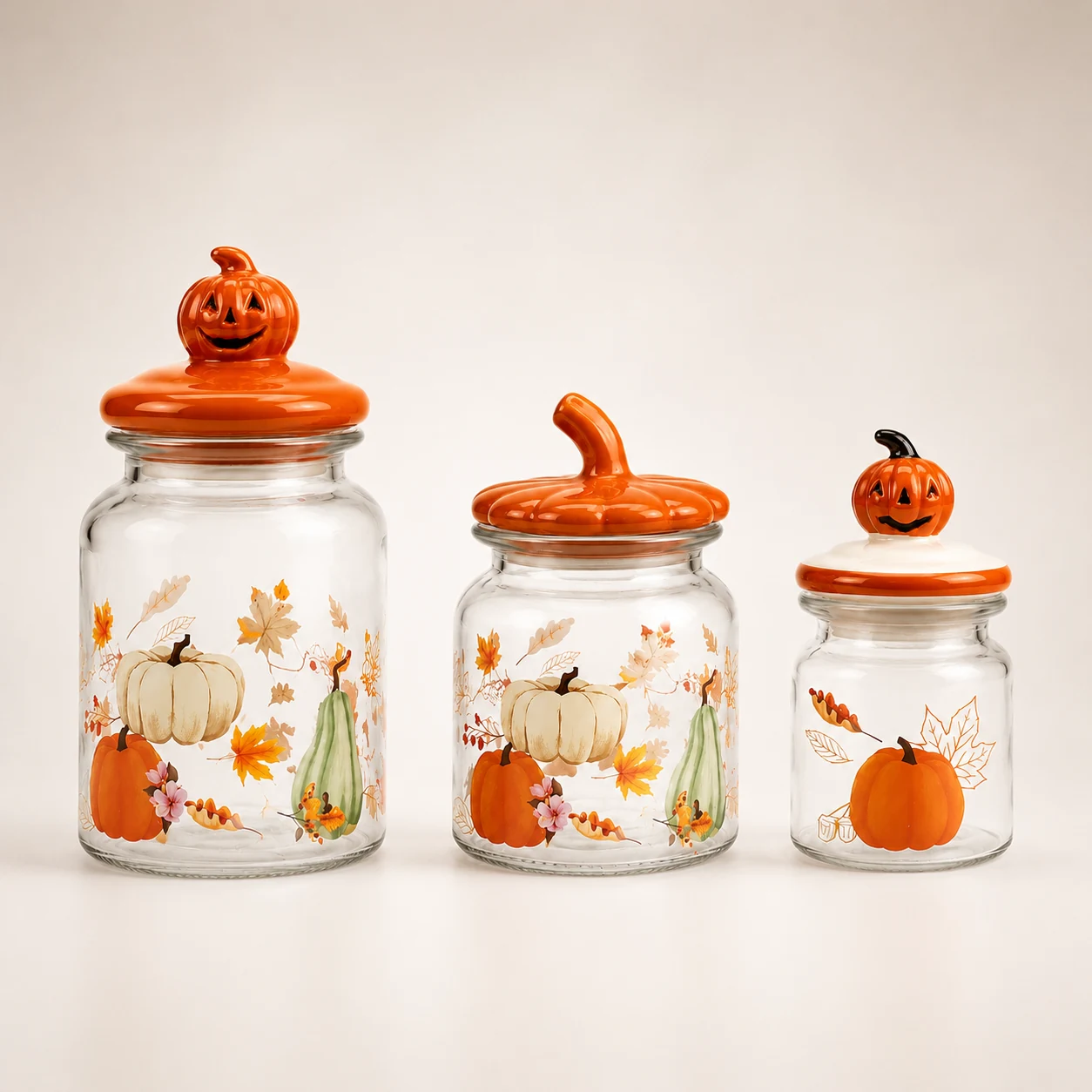 Three pumpkin autumn Halloween glass storage jars