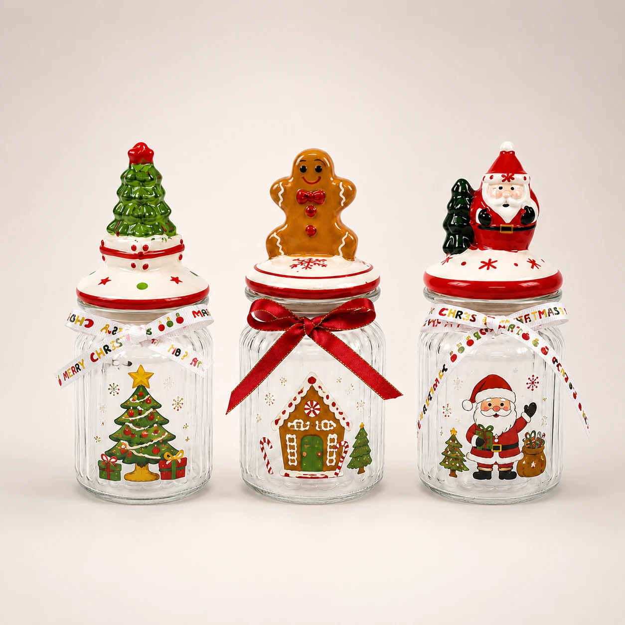 Three gingerbread tree and Santa Christmas glass storage jars