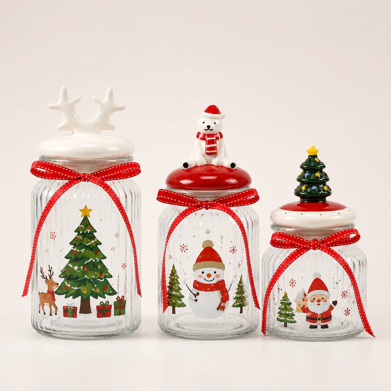 Three reindeer polar bear and tree Christmas glass storage jars