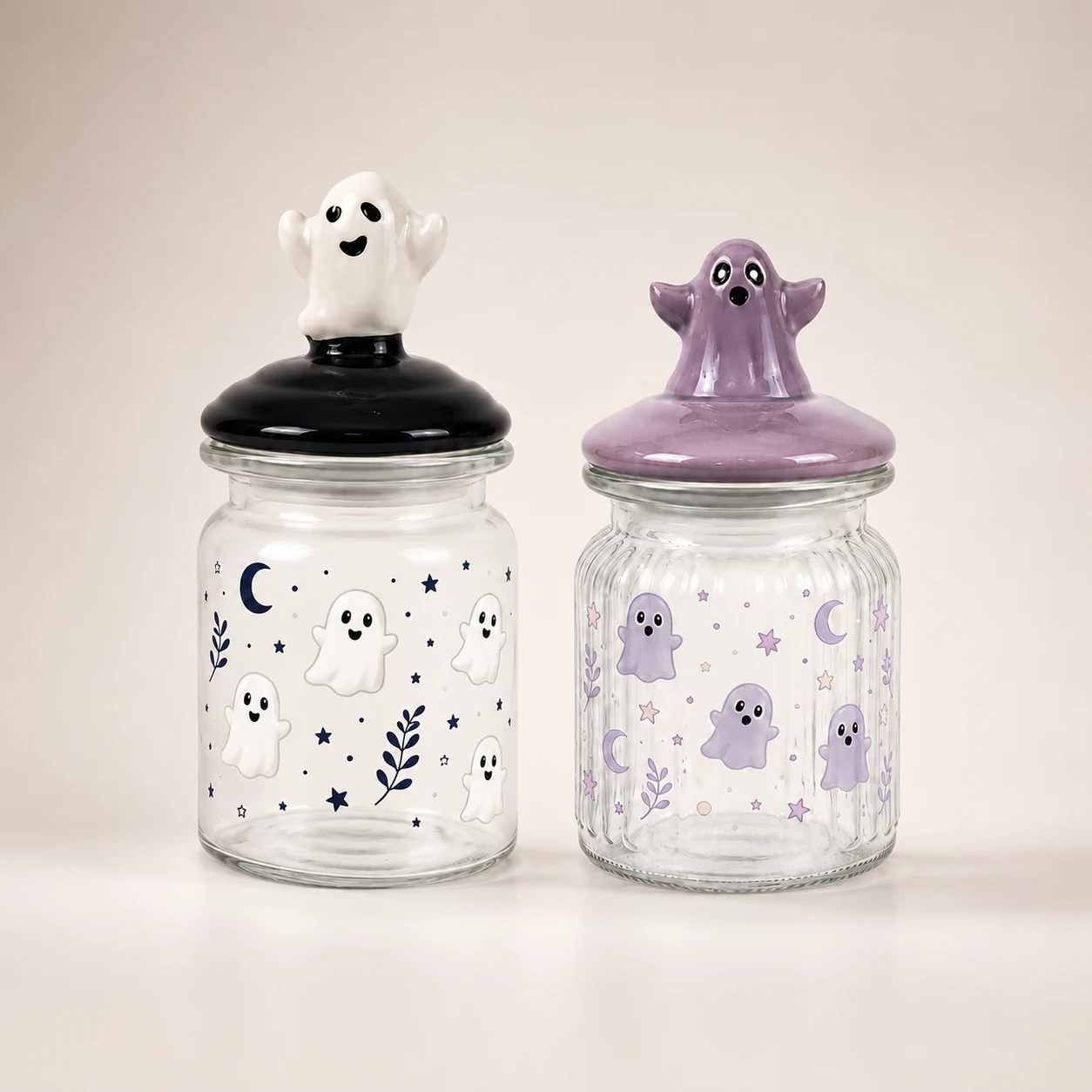 Two small ghost Halloween glass storage jars