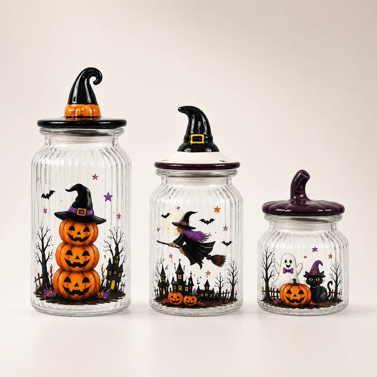 Three witch pumpkin Halloween glass storage jars