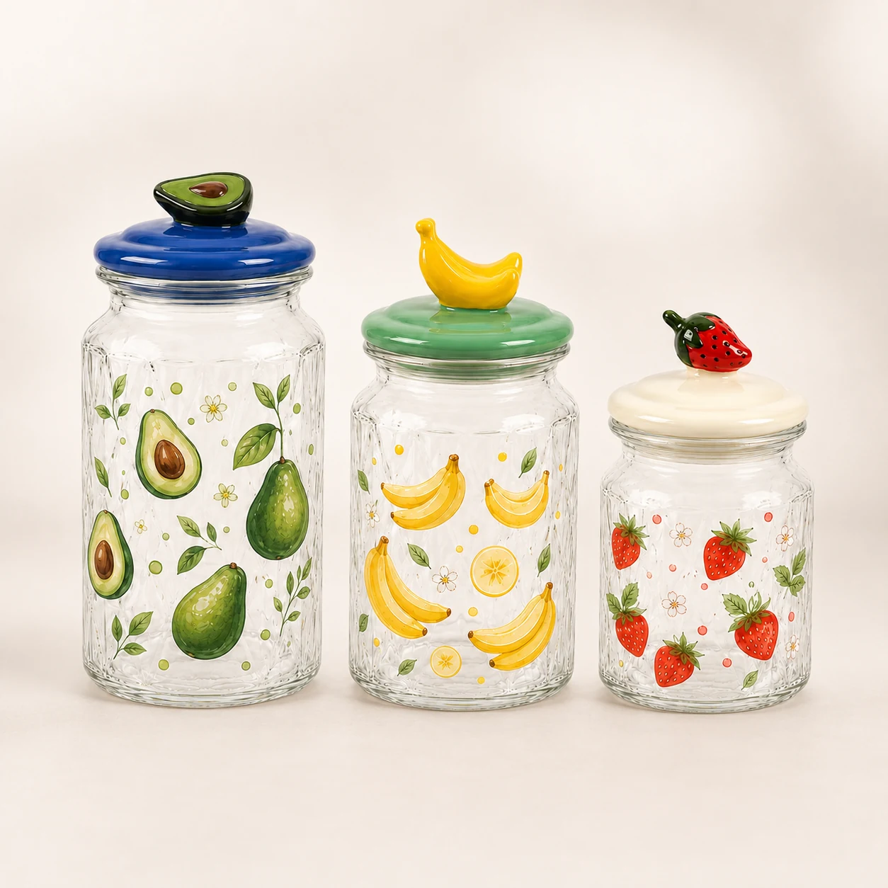 Three avocado banana and strawberry Easter glass storage jars
