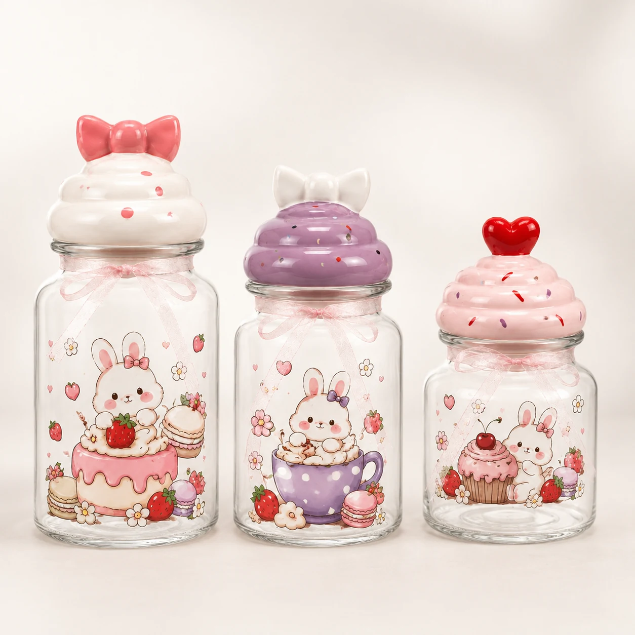 Three bunny dessert Valentine glass storage jars