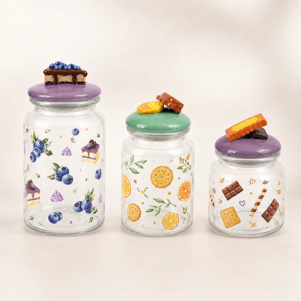Three dessert fruit Easter glass storage jars