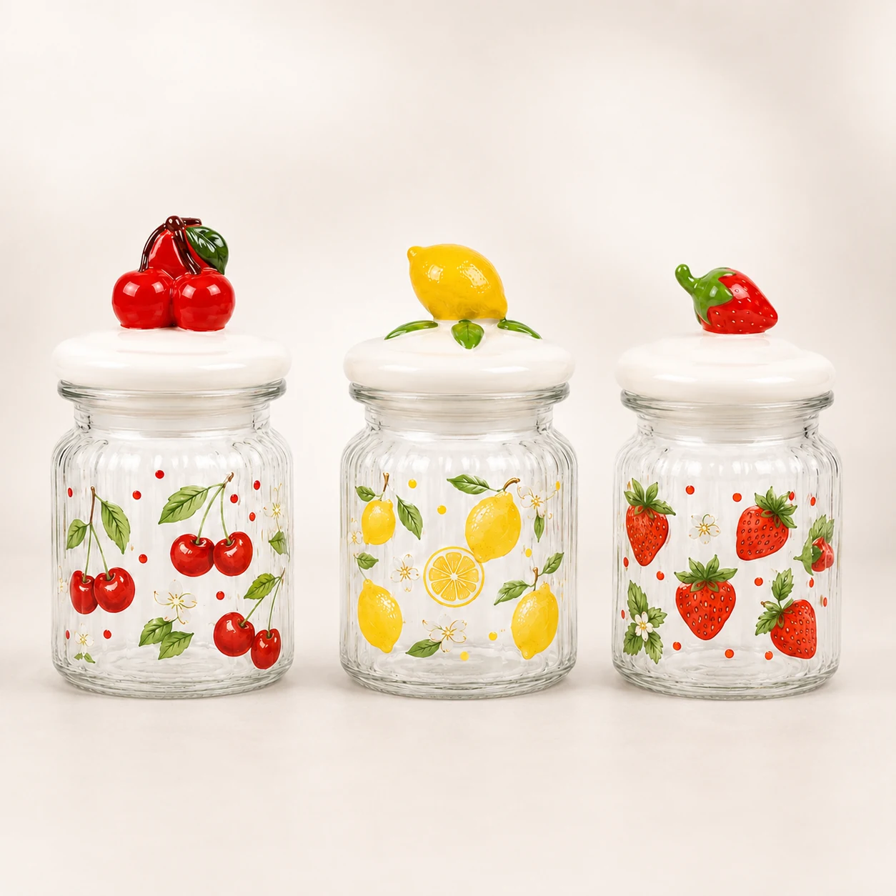 Three small fruit lid Easter glass jars with cherry lemon and strawberry designs