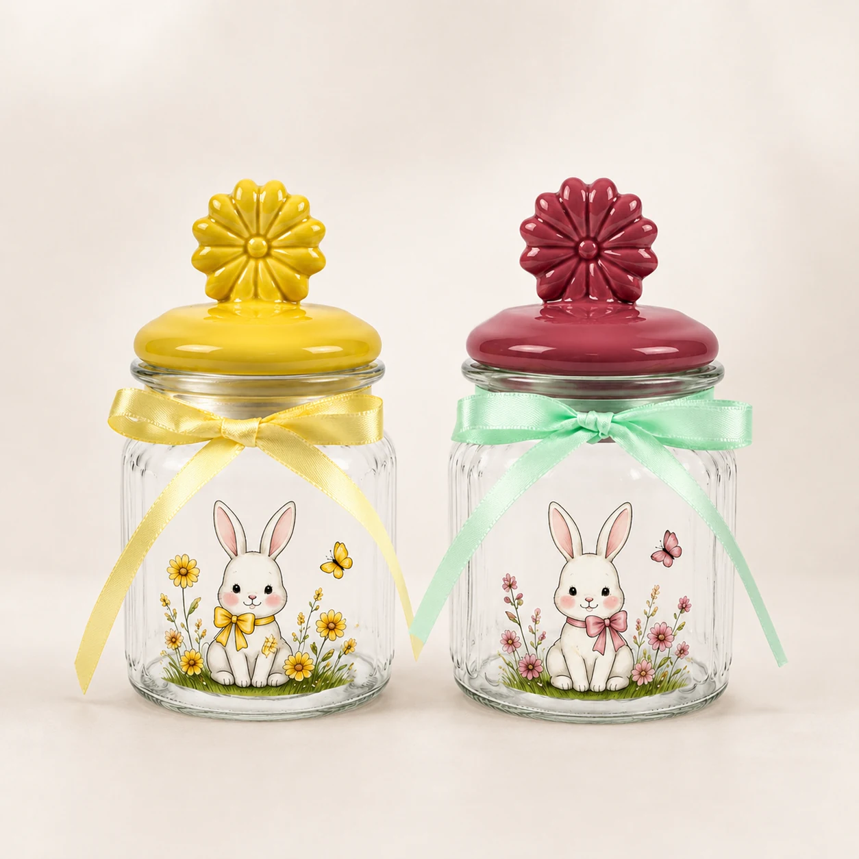 Two small bunny flower Easter glass storage jars