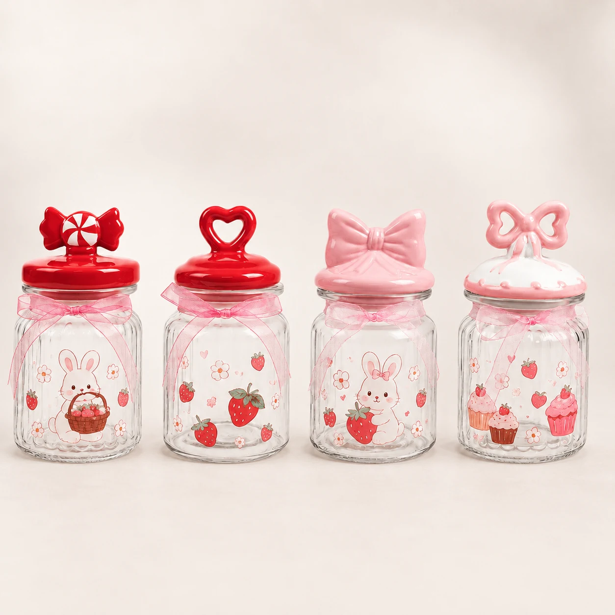 Four bunny strawberry Valentine glass storage jars