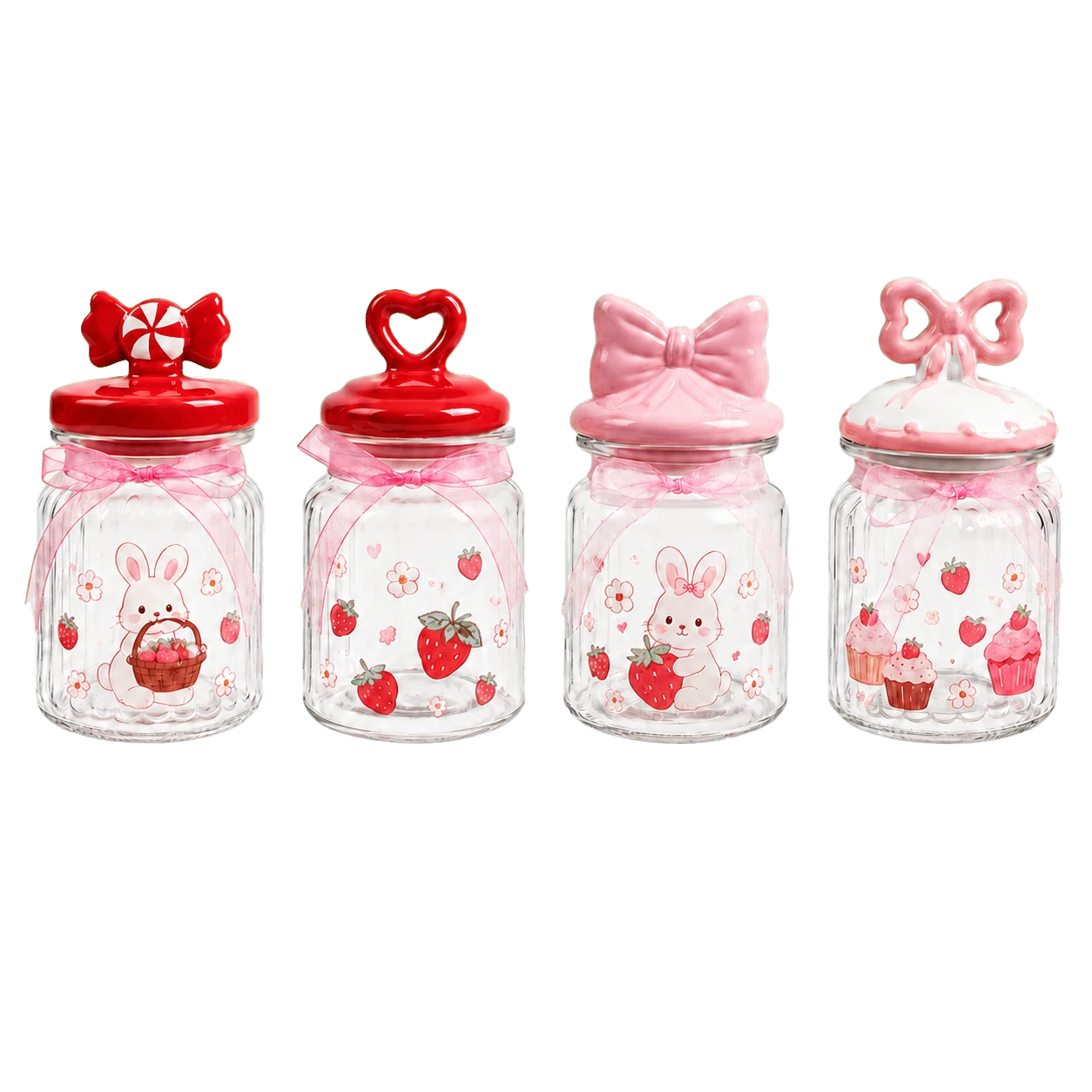 Red and pink Valentine glass jars with strawberries, hearts and bow lids