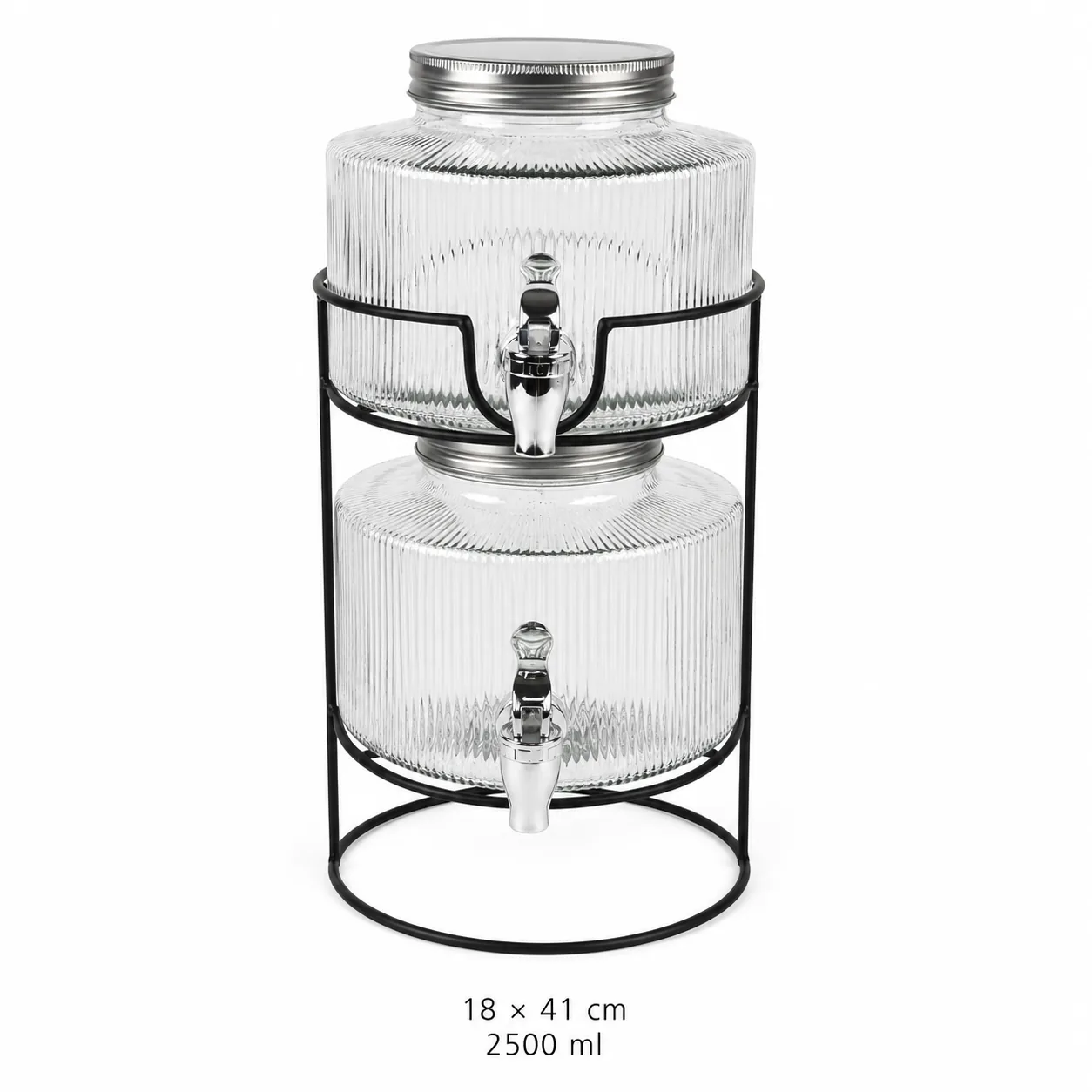 Stacked ribbed glass drink dispenser with black stand in 2500 ml size