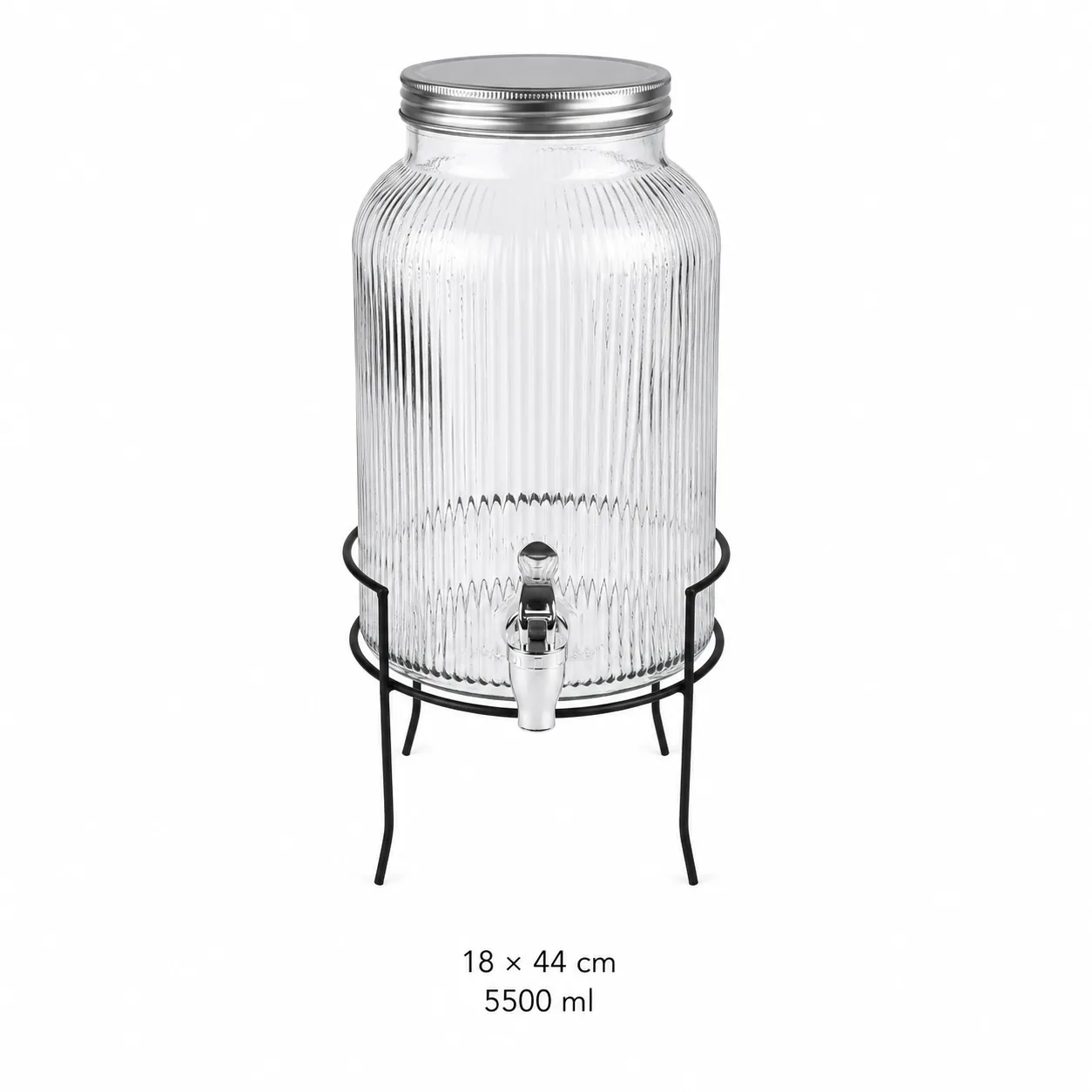Tall ribbed glass drink dispenser with black stand in 5500 ml size
