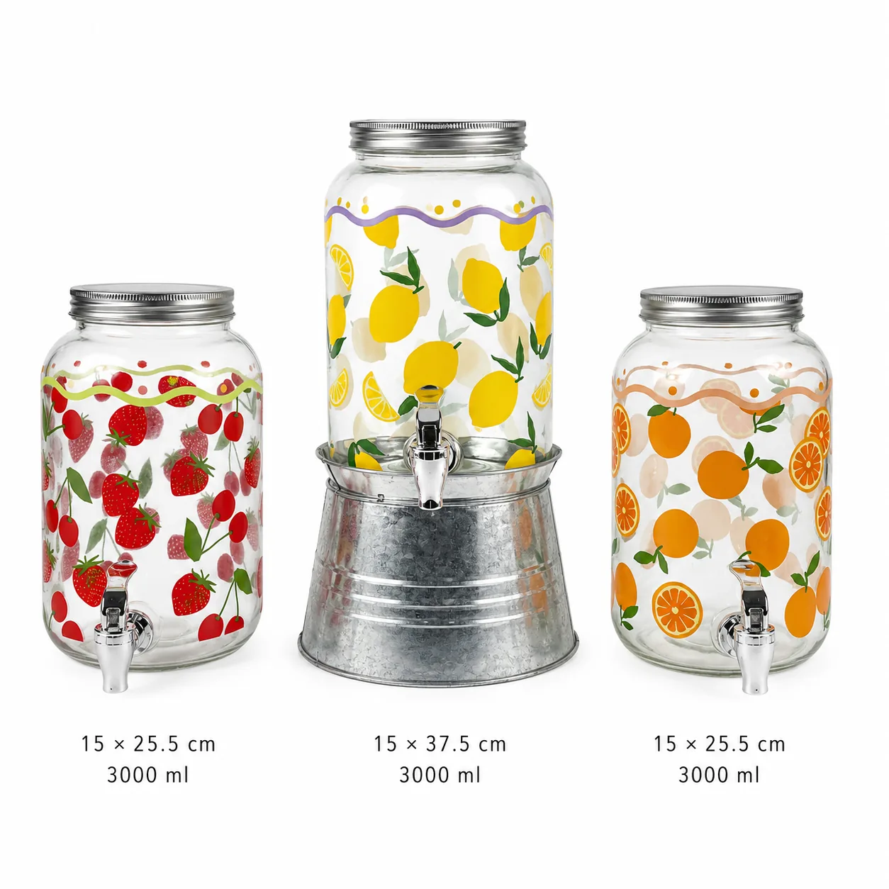 Fruit print glass drink dispenser set with strawberry lemon and orange patterns