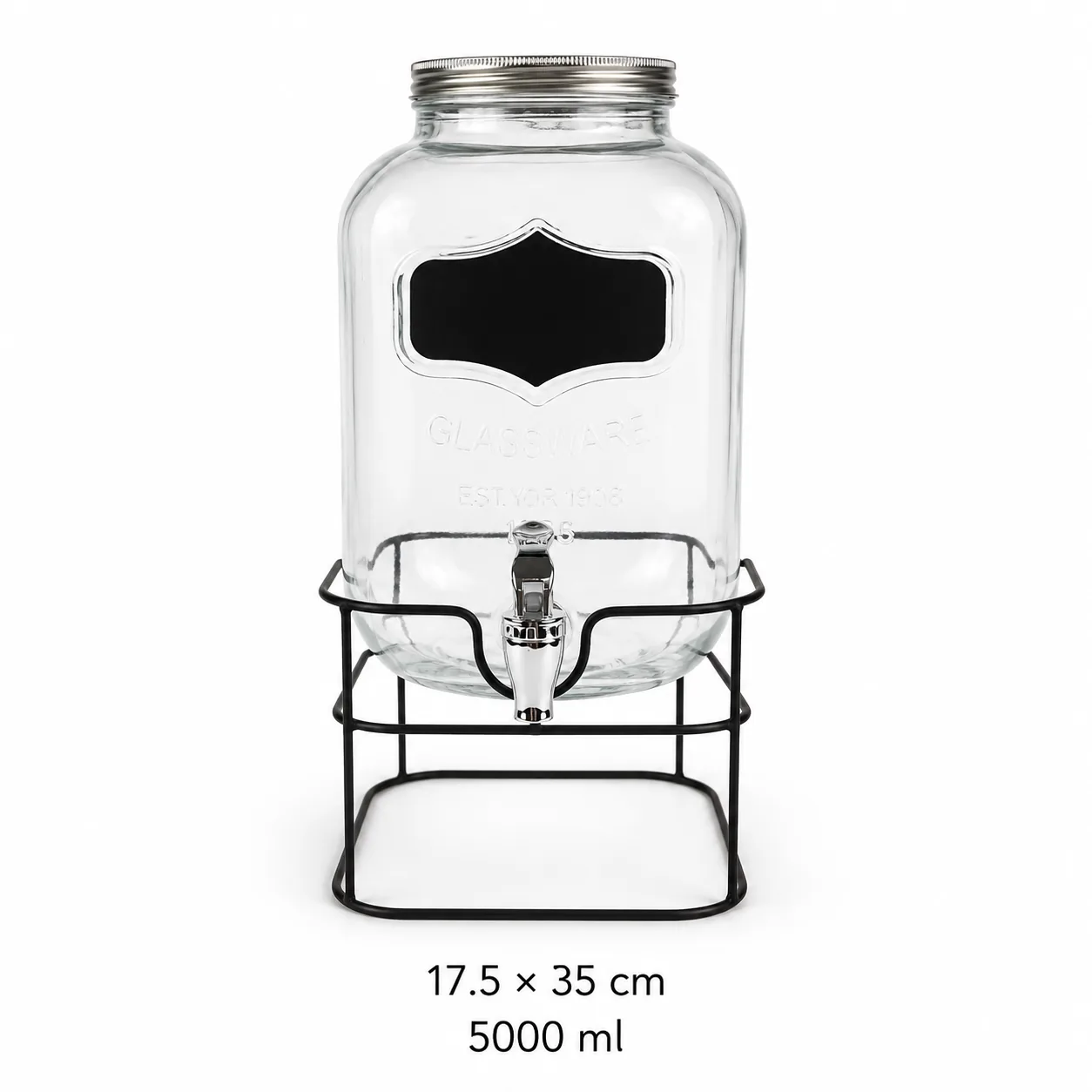 Black label glass drink dispenser with black stand in 5000 ml size