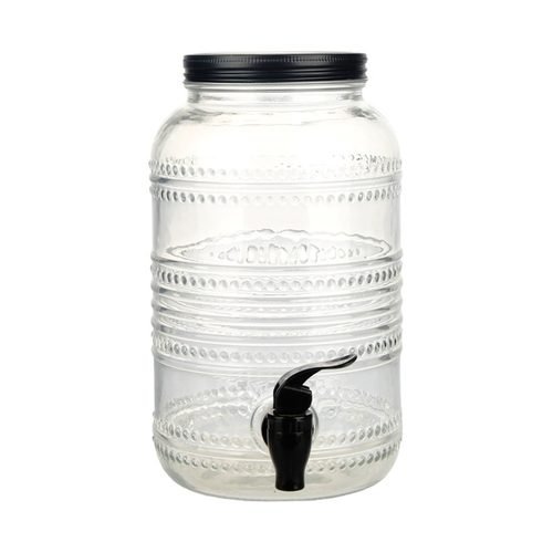 YB000294 horizontal-ribbed 3785 ml glass drink dispenser with black lid and tap