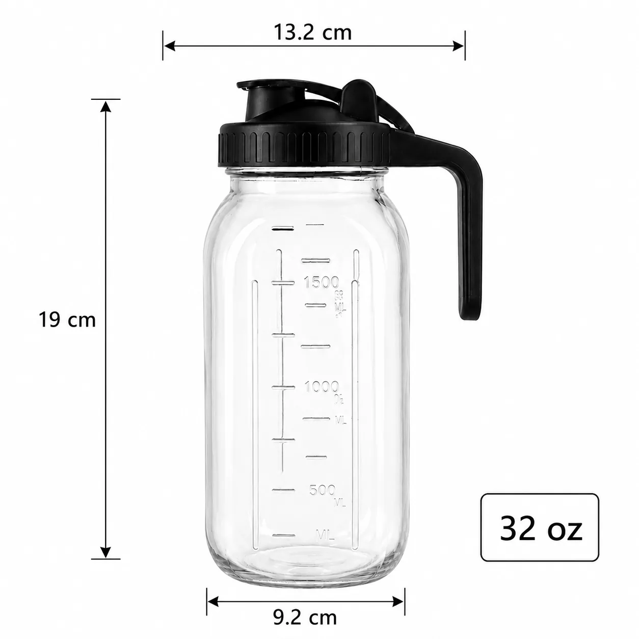 Measuring scale 32 oz glass beverage dispenser with handled pouring lid