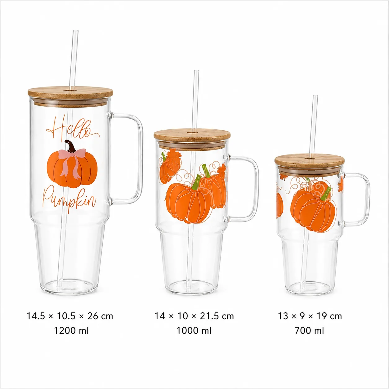 Pumpkin print glass cups with handles lids and straws in 700 1000 and 1200 ml sizes