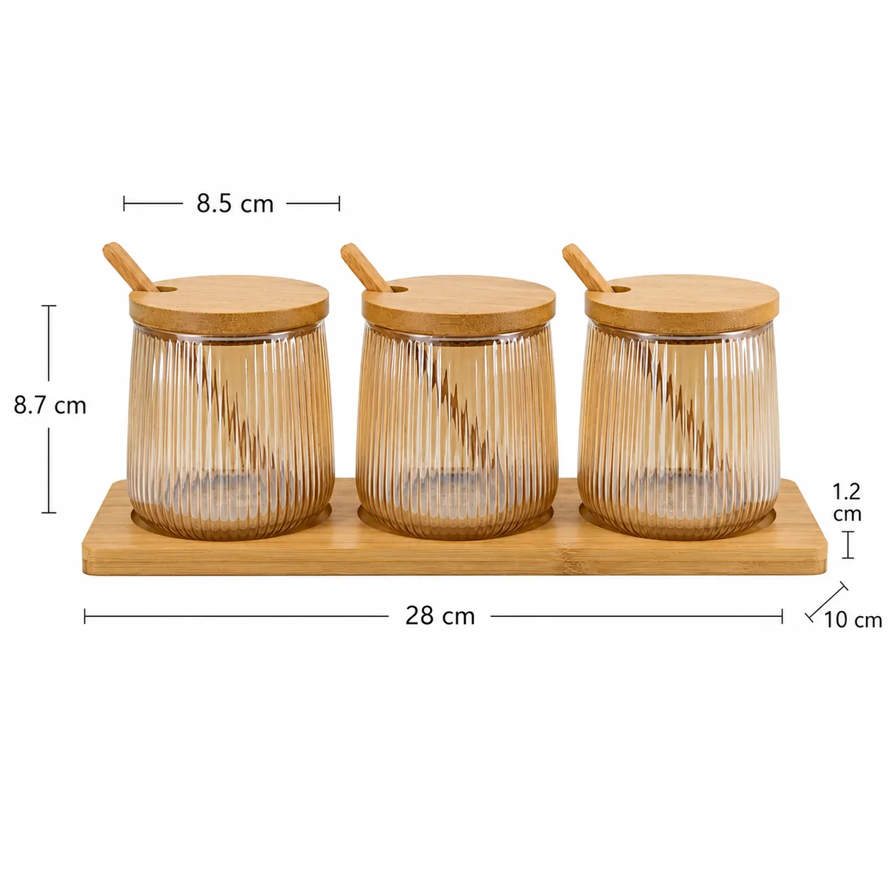Amber ribbed glass seasoning jar set with spoons and bamboo tray