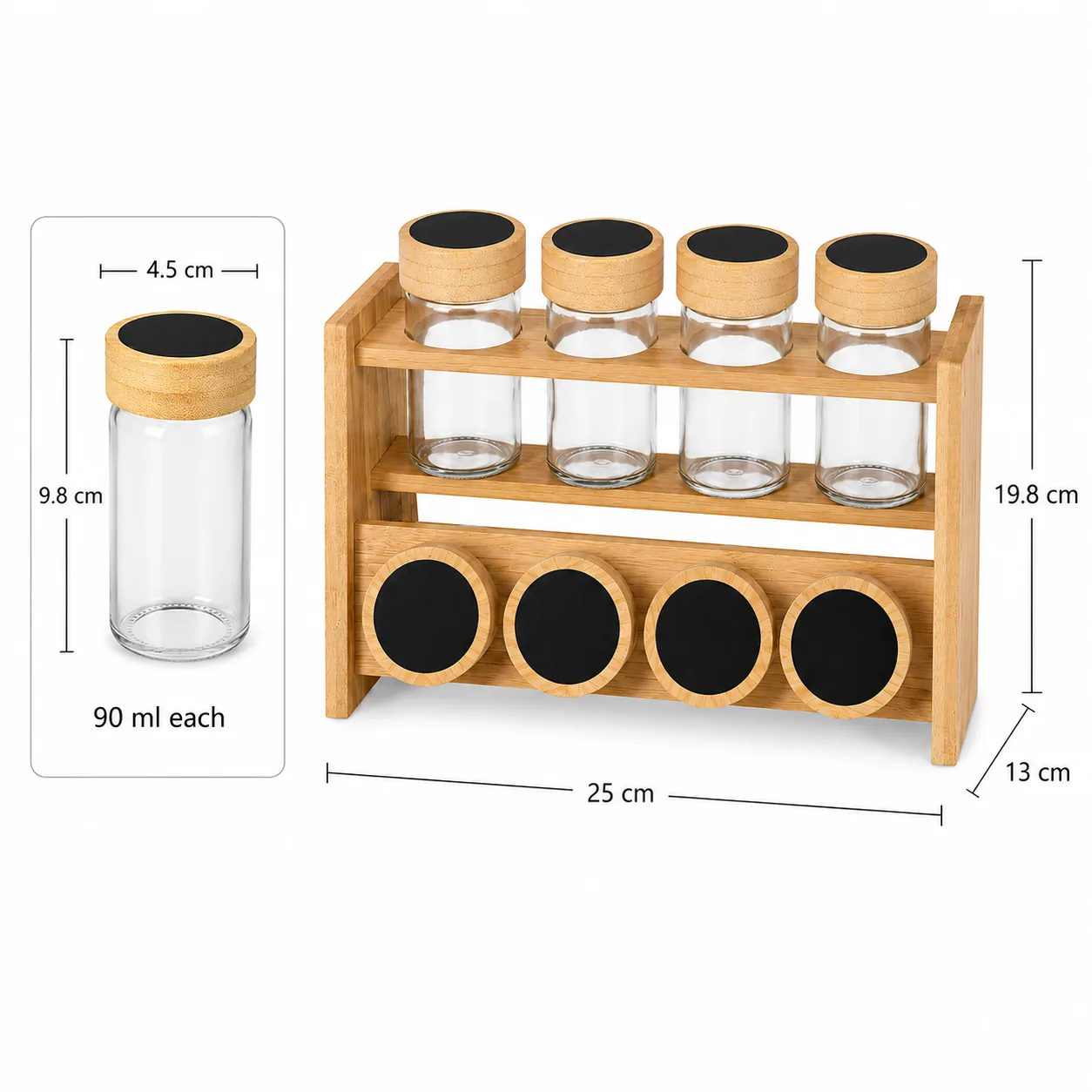 Eight 90 ml glass spice jars in bamboo rack