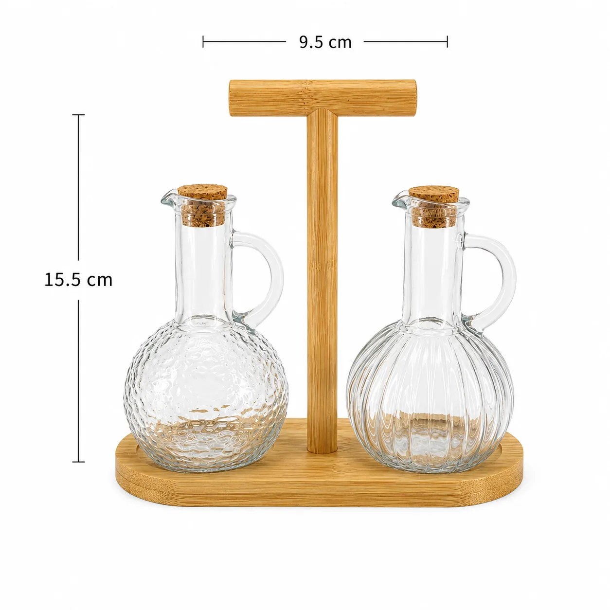 Two glass seasoning bottles with corks and bamboo stand