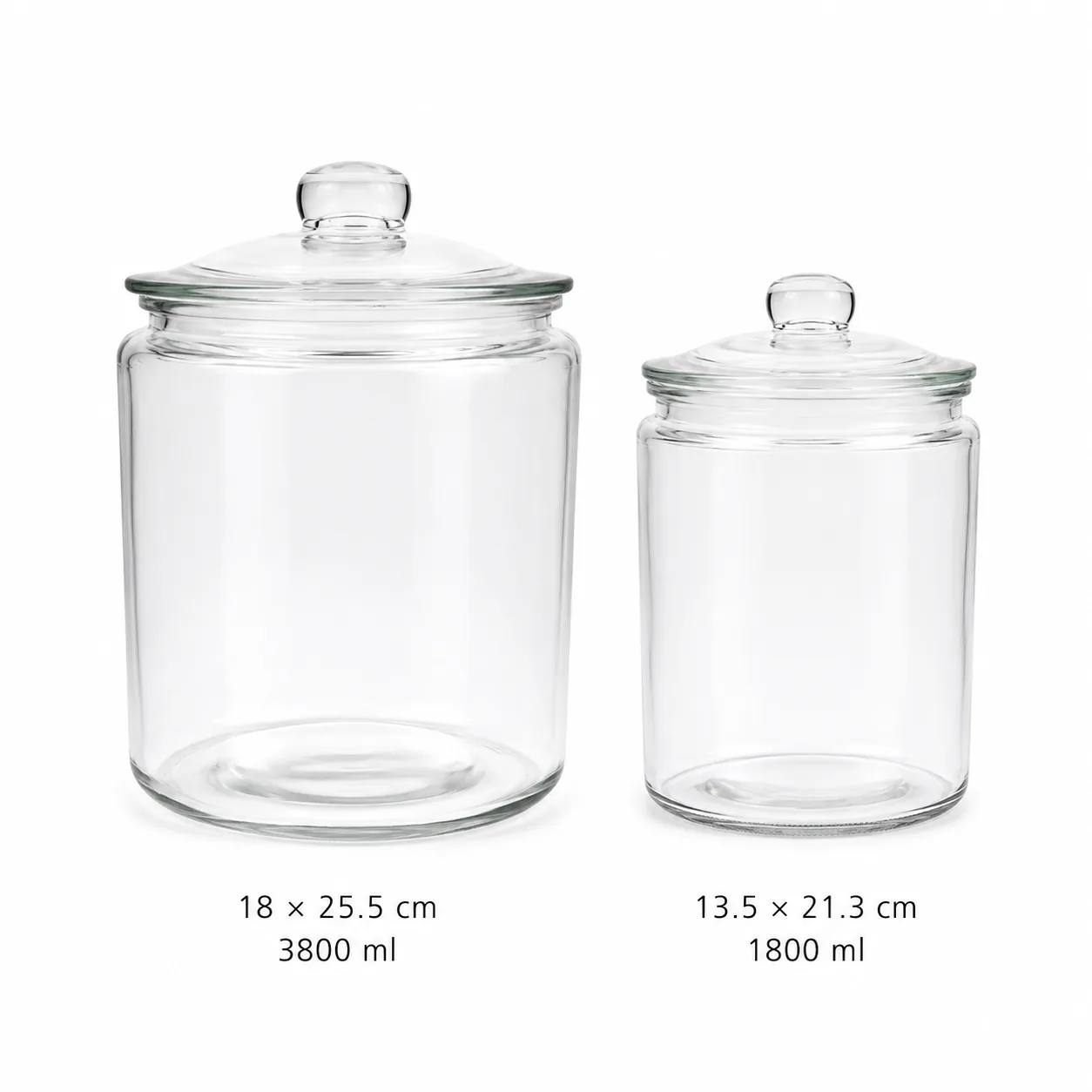 Clear glass storage jar set with glass lids in 1800 and 3800 ml sizes