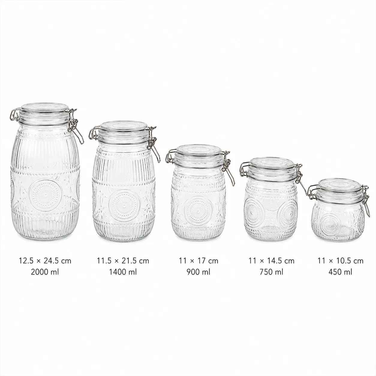Embossed clamp lid glass storage jar set in 450, 750, 900, 1400 and 2000 ml sizes