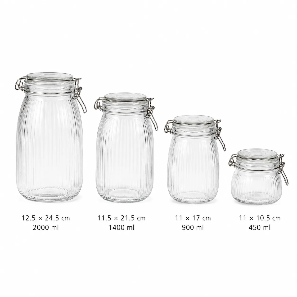 Ribbed clamp lid glass storage jar set in 450, 900, 1400 and 2000 ml sizes