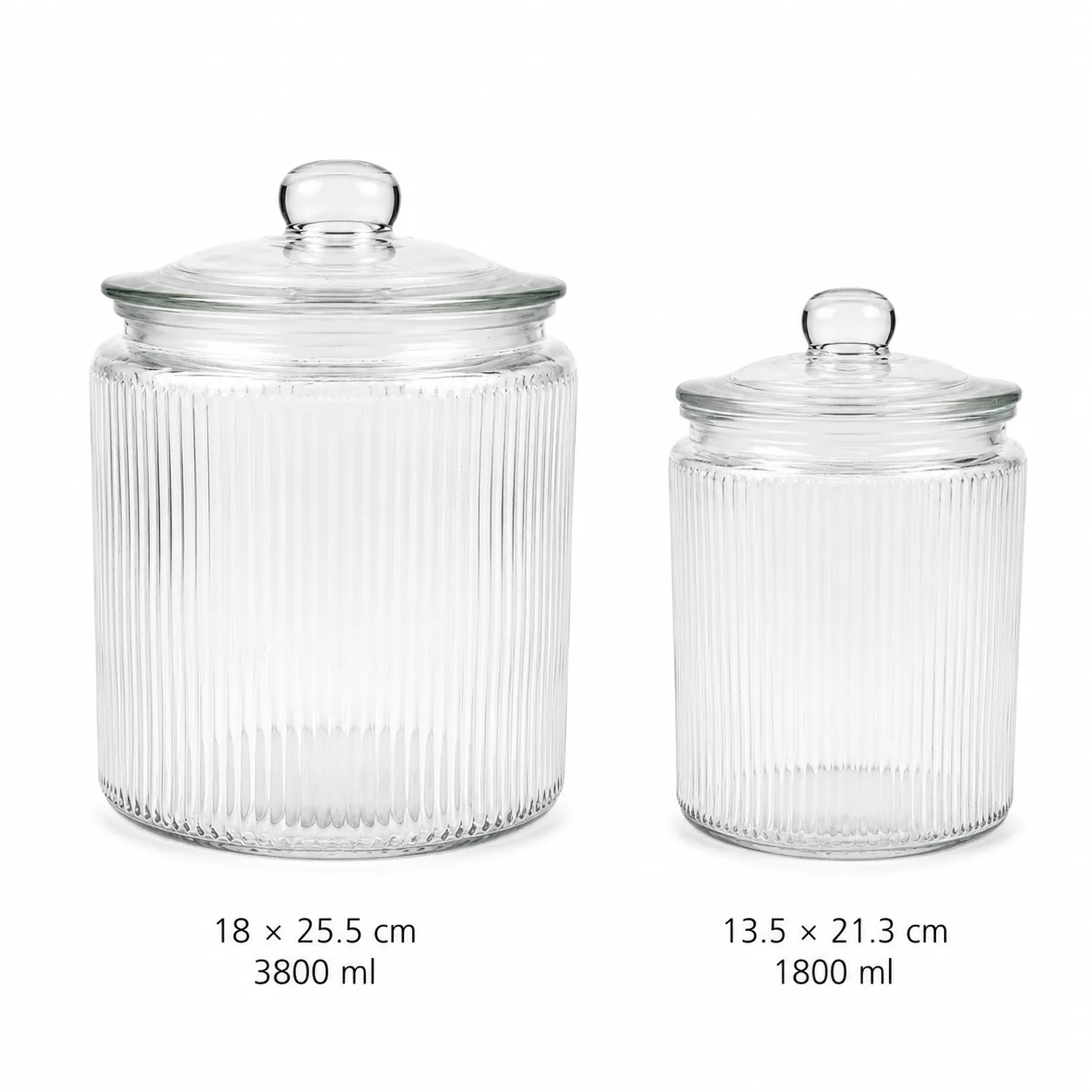 Ribbed glass storage jar set with glass lids in 1800 and 3800 ml sizes