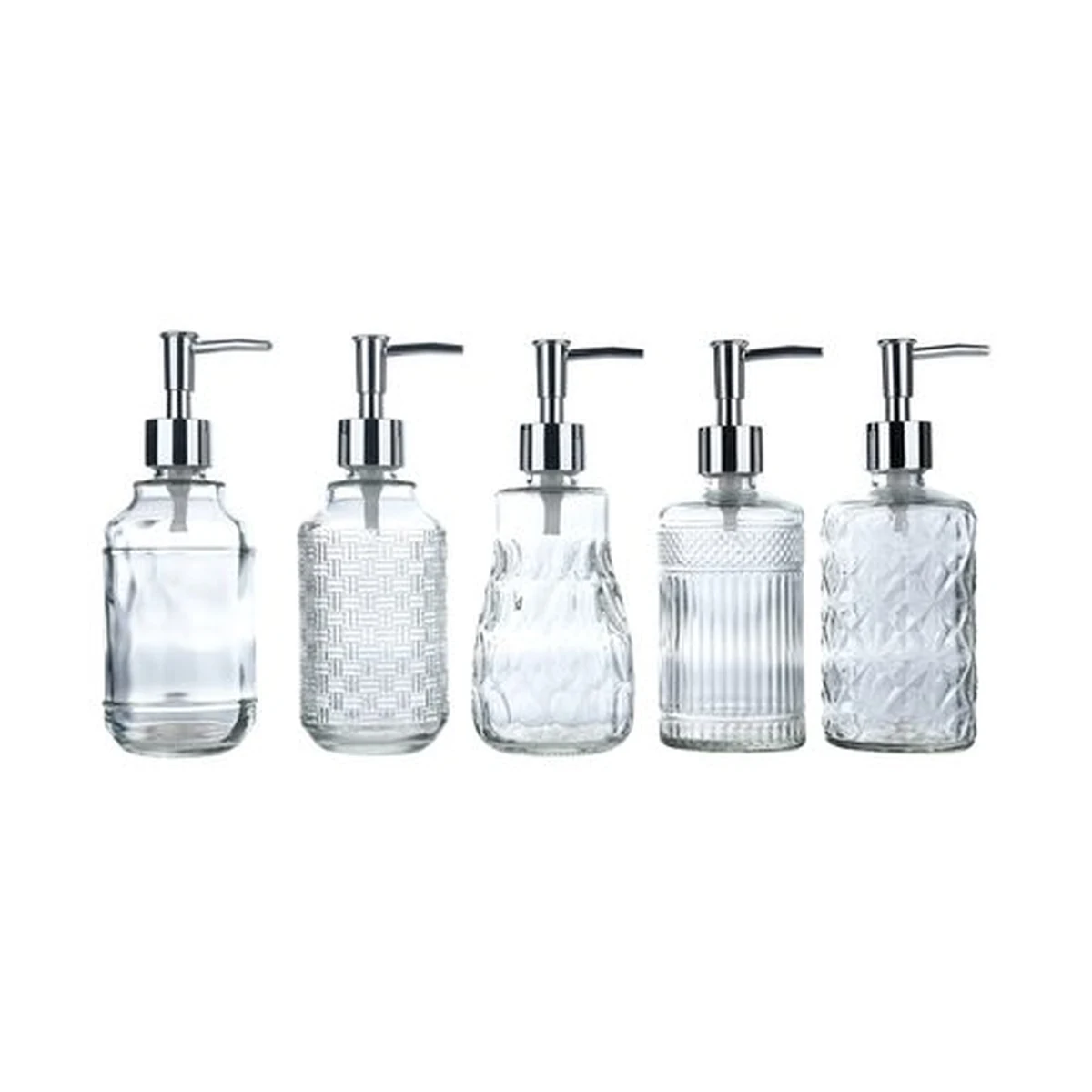 370 ml Vertical-Ribbed Diamond-Pattern Clear Glass Soap Dispenser, model YB000028