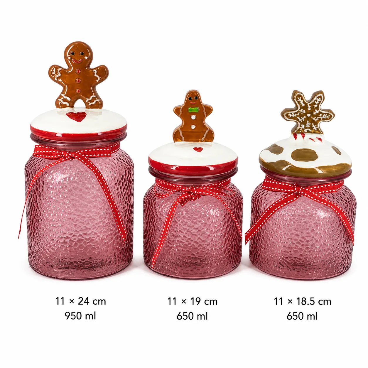 Pink Christmas glass jar set with gingerbread and snowflake lids