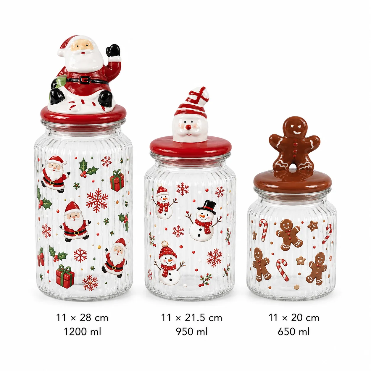 Christmas glass jar set with Santa snowman and gingerbread lid designs