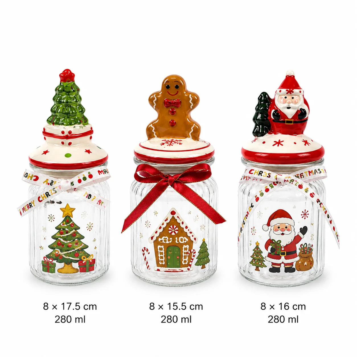 Mini Christmas glass jar set with tree gingerbread and Santa lid designs