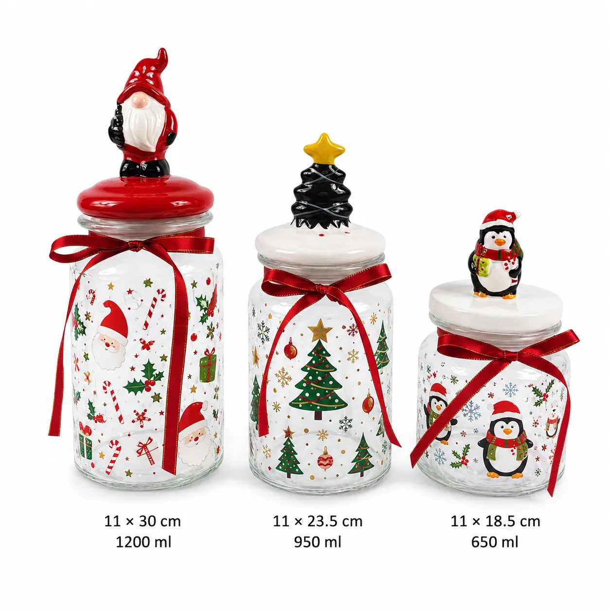 Christmas glass jar set with gnome tree and penguin lid designs