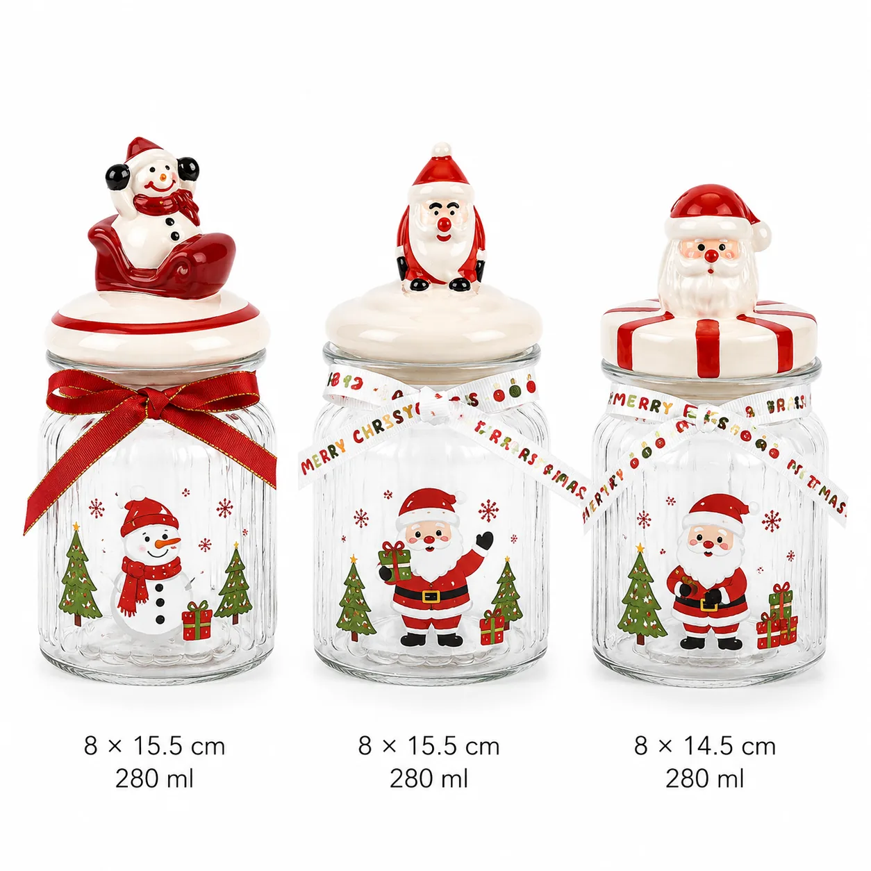 Small Christmas glass jar set with snowman Santa and gift lid designs