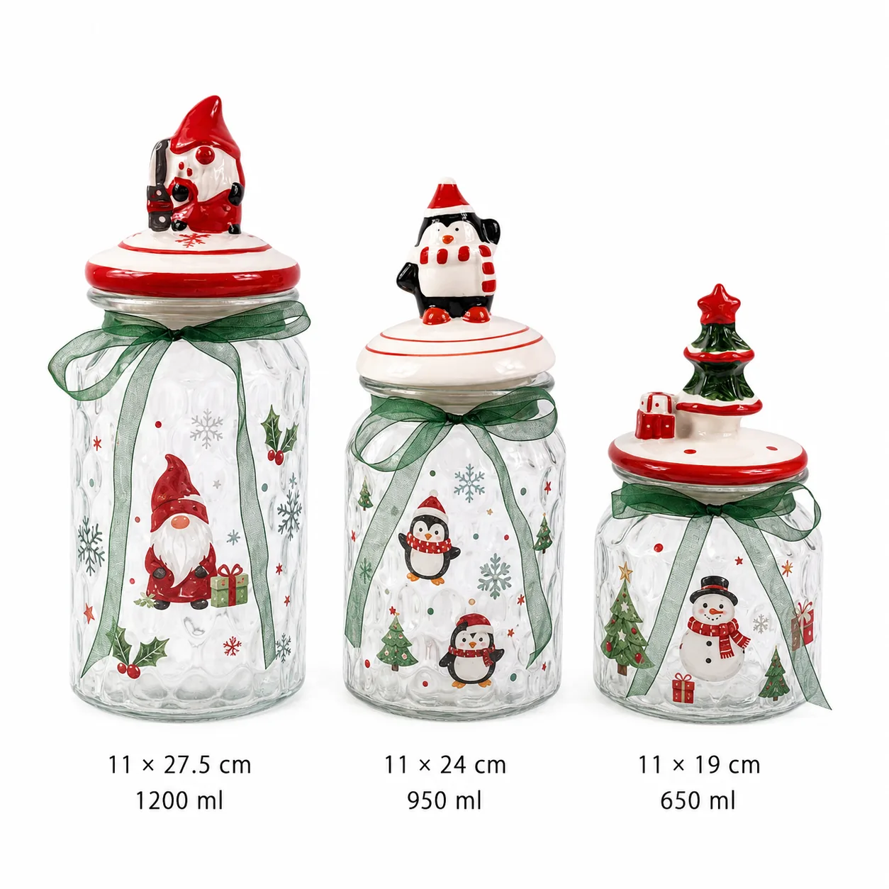 Christmas glass jar set with gnome penguin and tree lid designs
