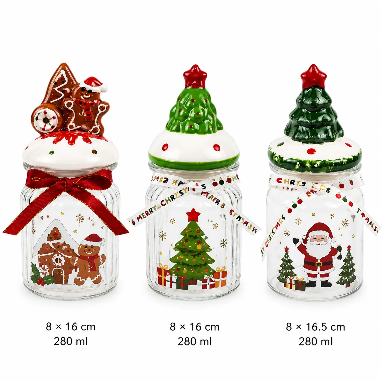 Christmas glass jar set with gingerbread tree and Santa lids in three capacity options