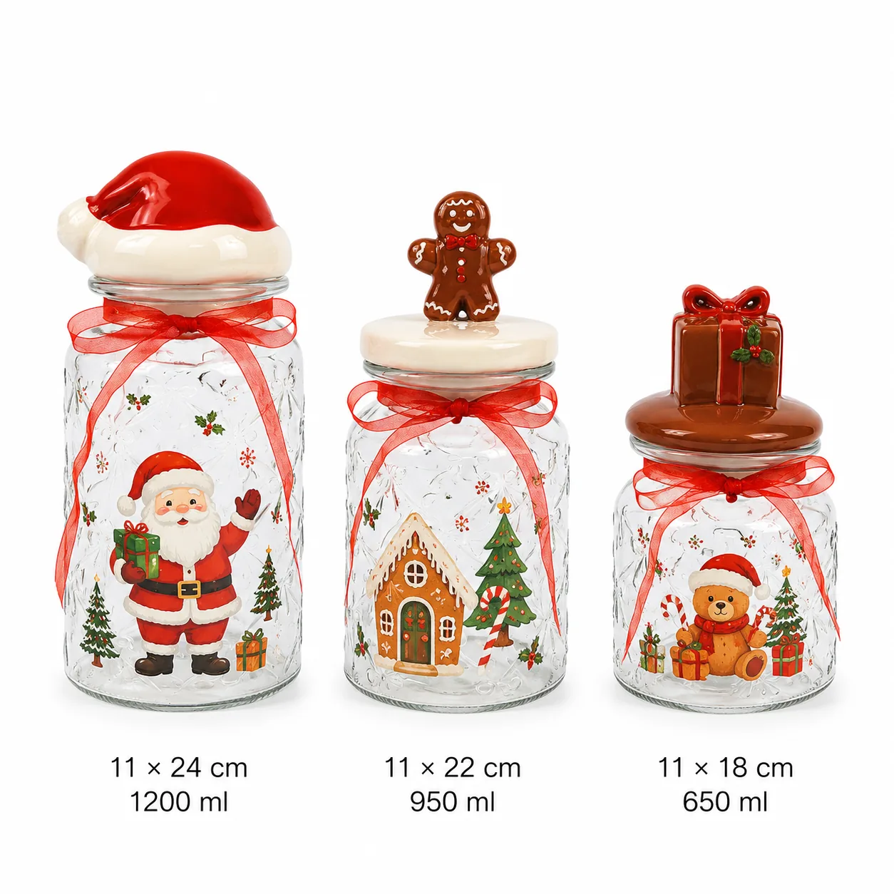 Christmas glass jar set with Santa gingerbread house and gift lid designs