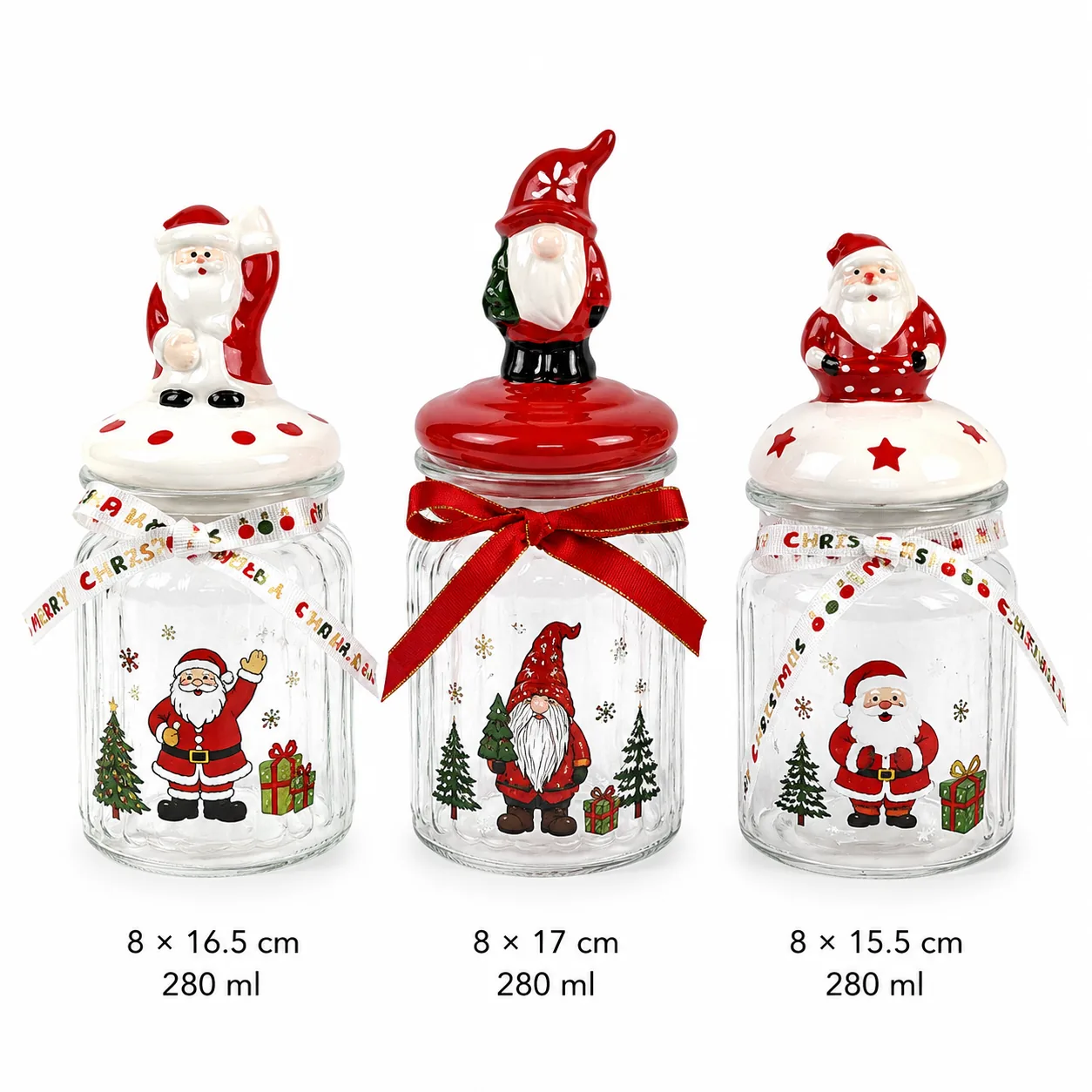 Small Christmas glass jar set with Santa and gnome lid designs