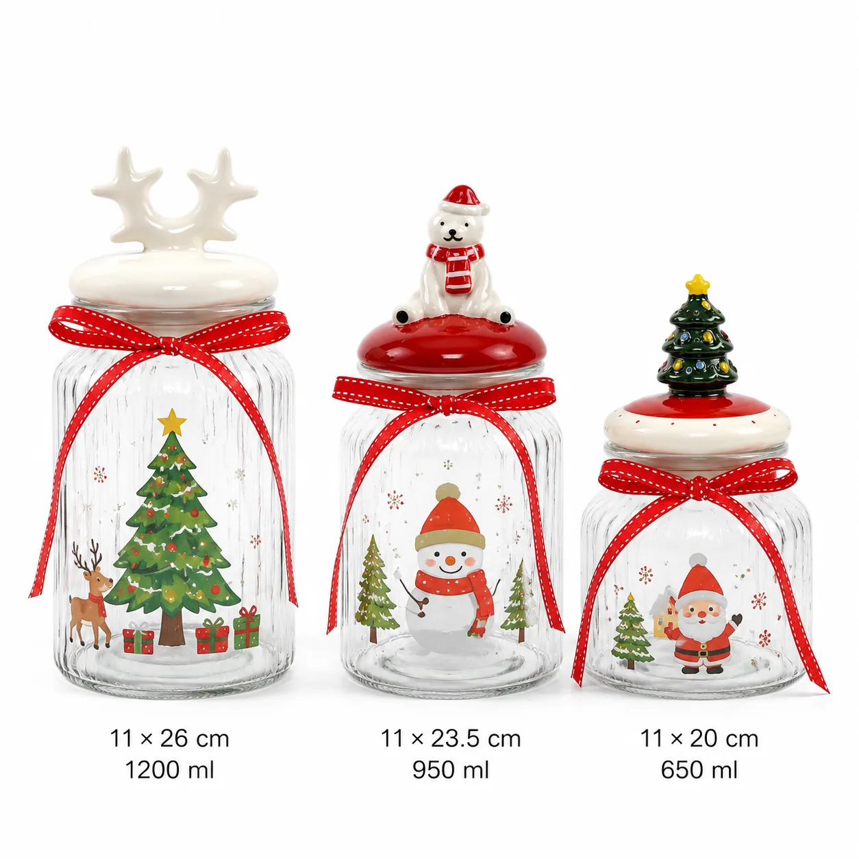 Christmas glass jar set with reindeer polar bear Santa and Christmas tree lid designs