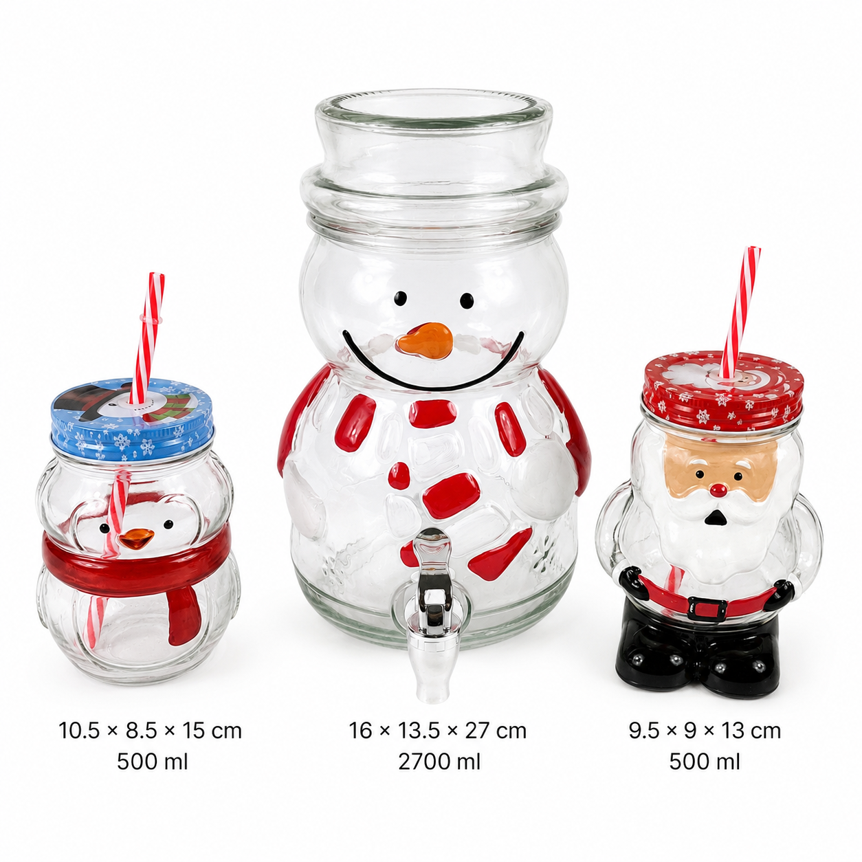 Snowman and Santa Christmas glassware set with lid, straw and dispenser tap