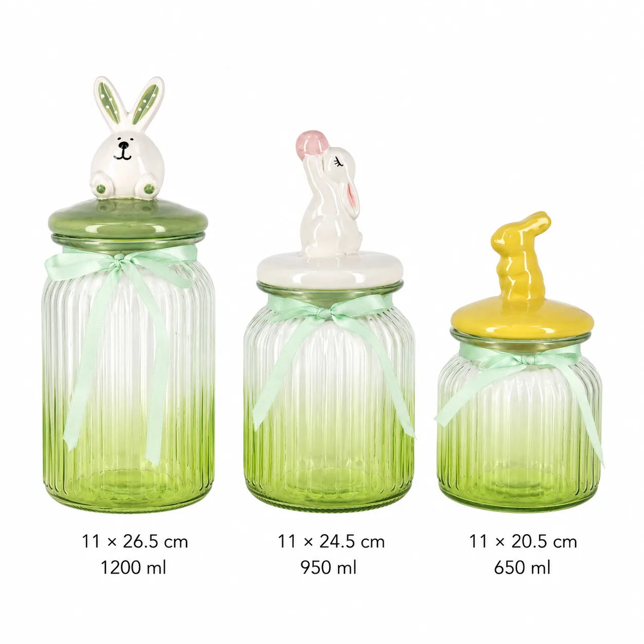 Green bunny Easter glass jar set in 650 ml, 950 ml and 1200 ml sizes