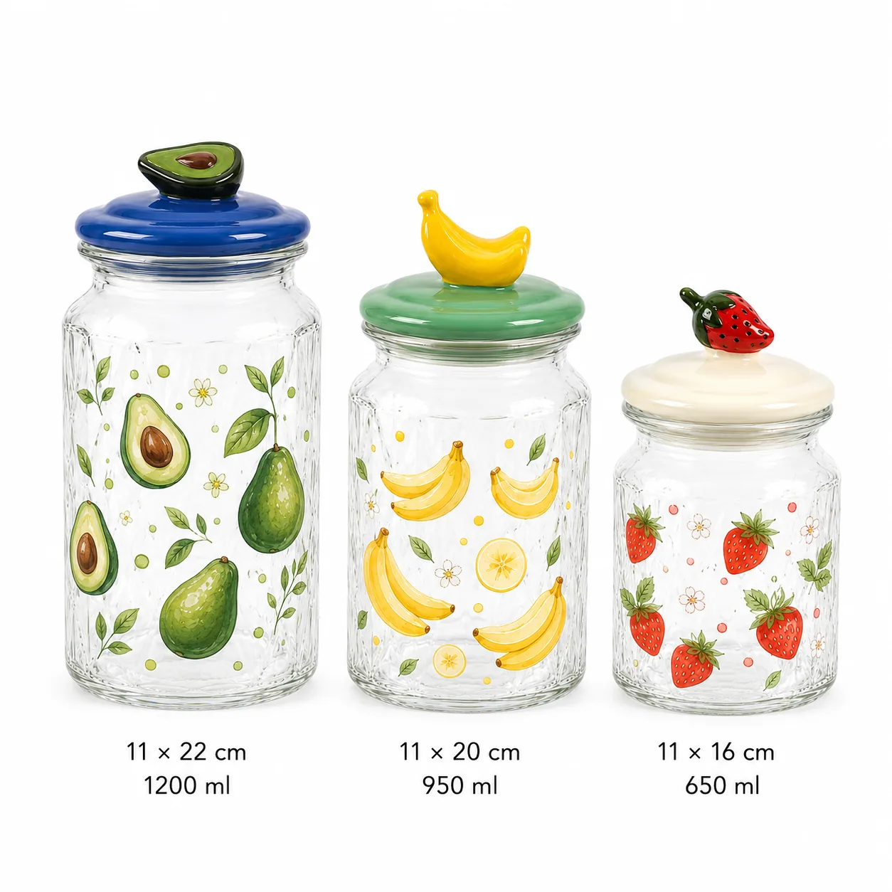 Avocado banana strawberry Easter glass jar set in 650 ml, 950 ml and 1200 ml sizes