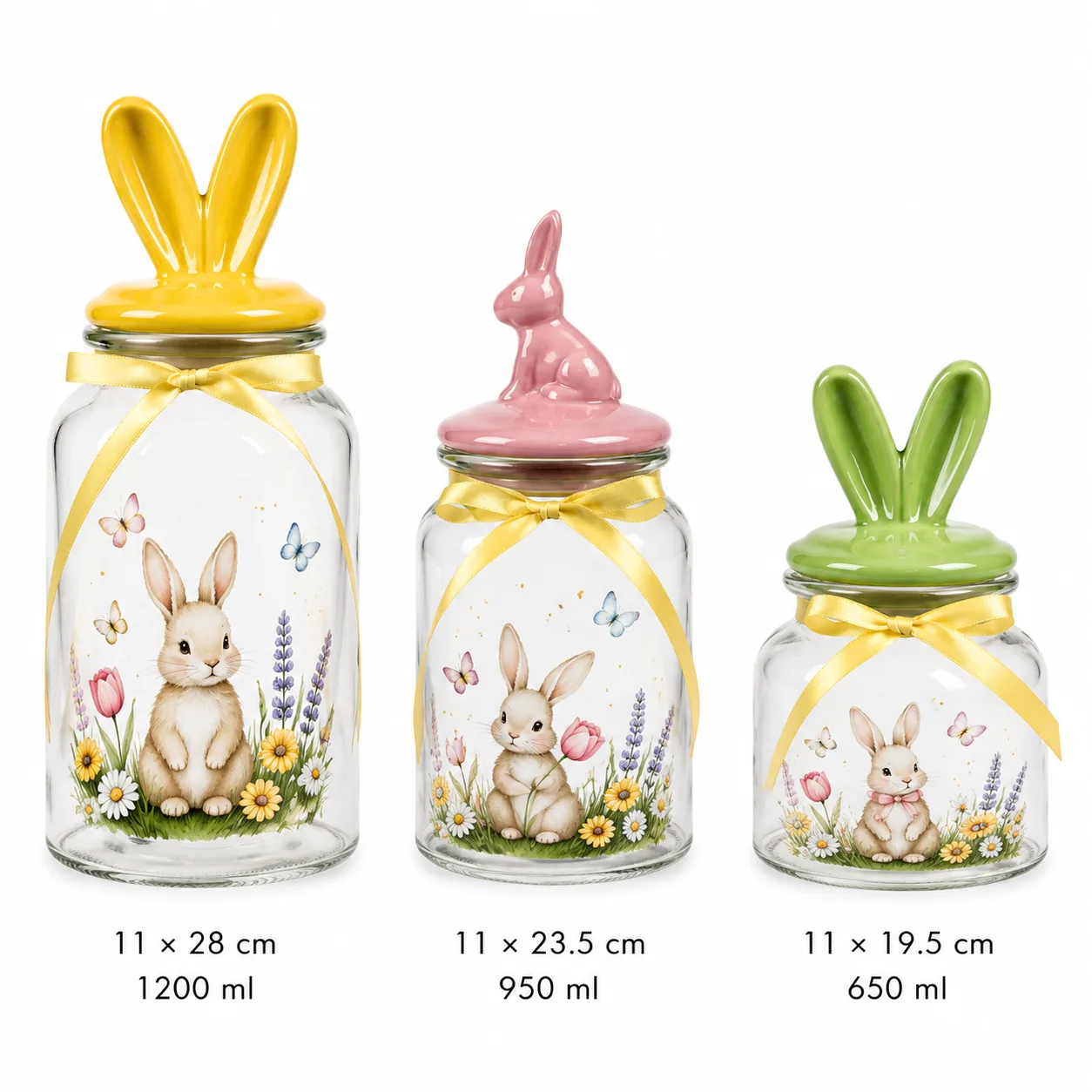 Bunny floral Easter glass jar set in 650 ml, 950 ml and 1200 ml sizes