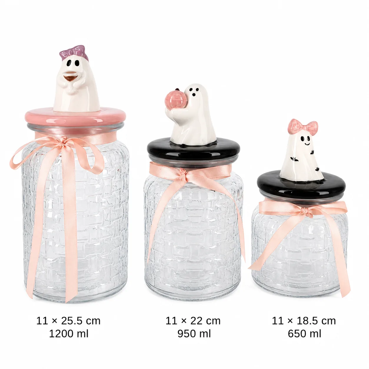 Pink ghost Halloween glass jar set in 650 ml, 950 ml and 1200 ml sizes